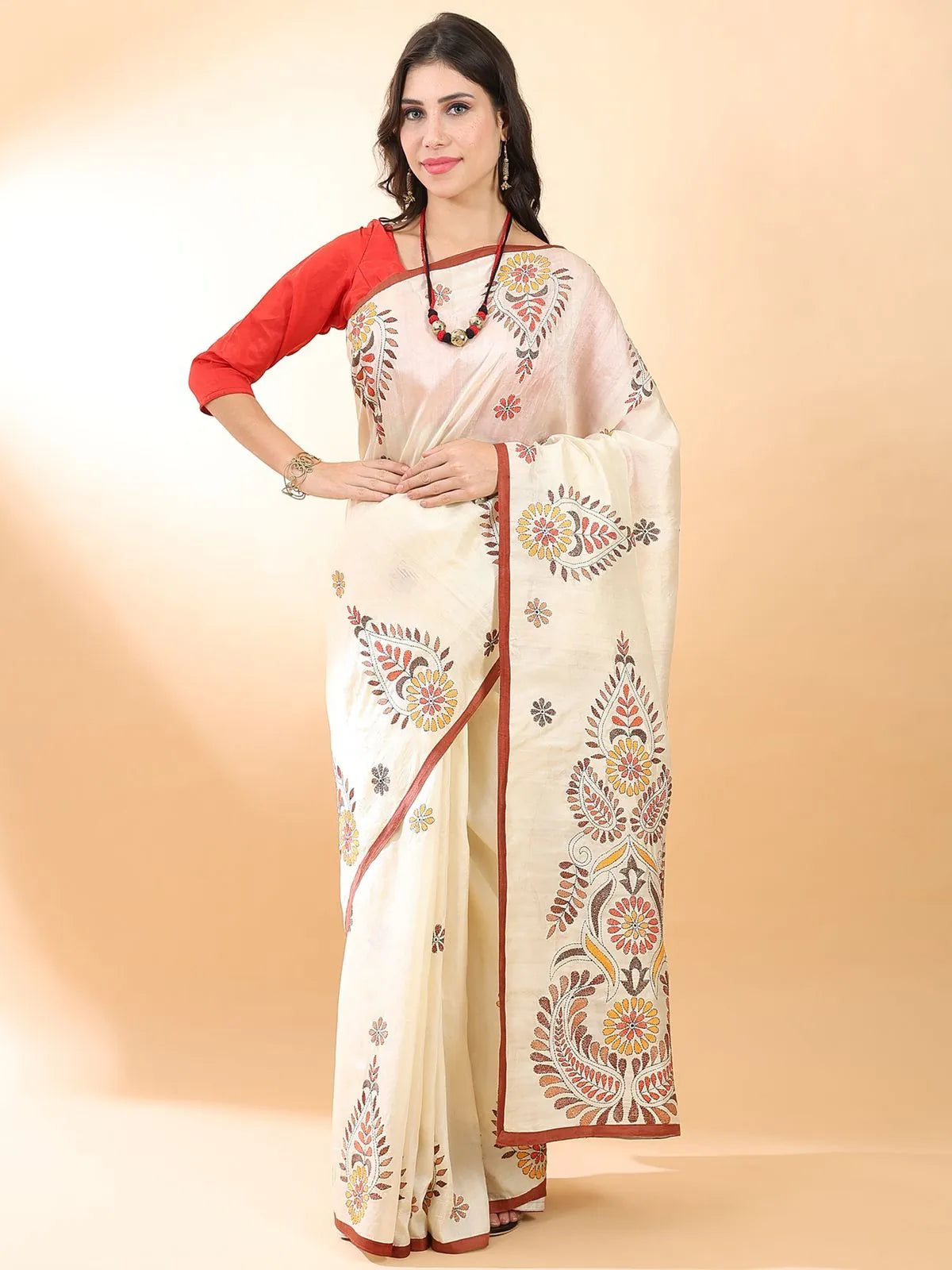Off-White Kantha Silk Saree