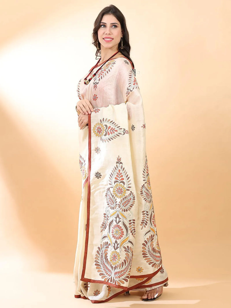 Off-White Kantha Silk Saree