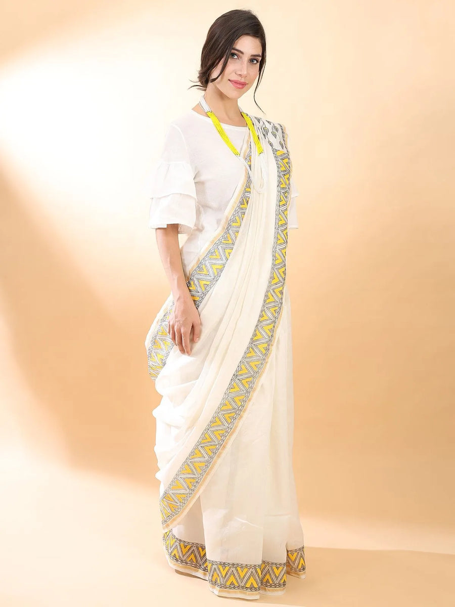 Off-White Madhubani Silk Saree