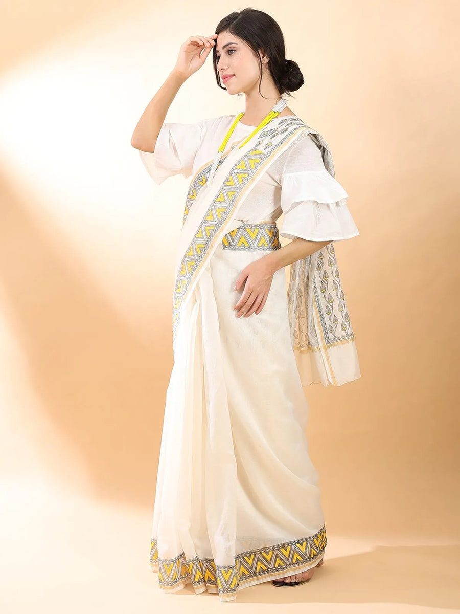 Off-White Madhubani Silk Saree