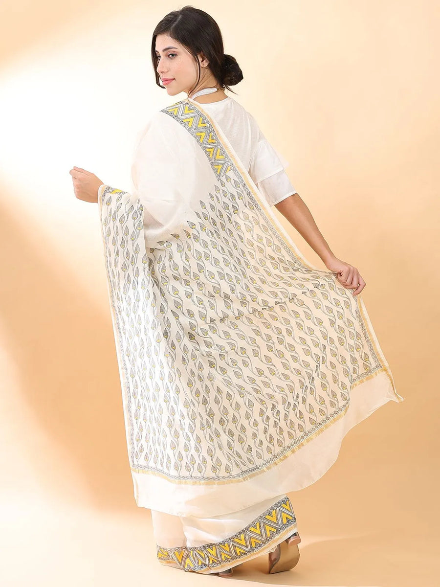 Off-White Madhubani Silk Saree