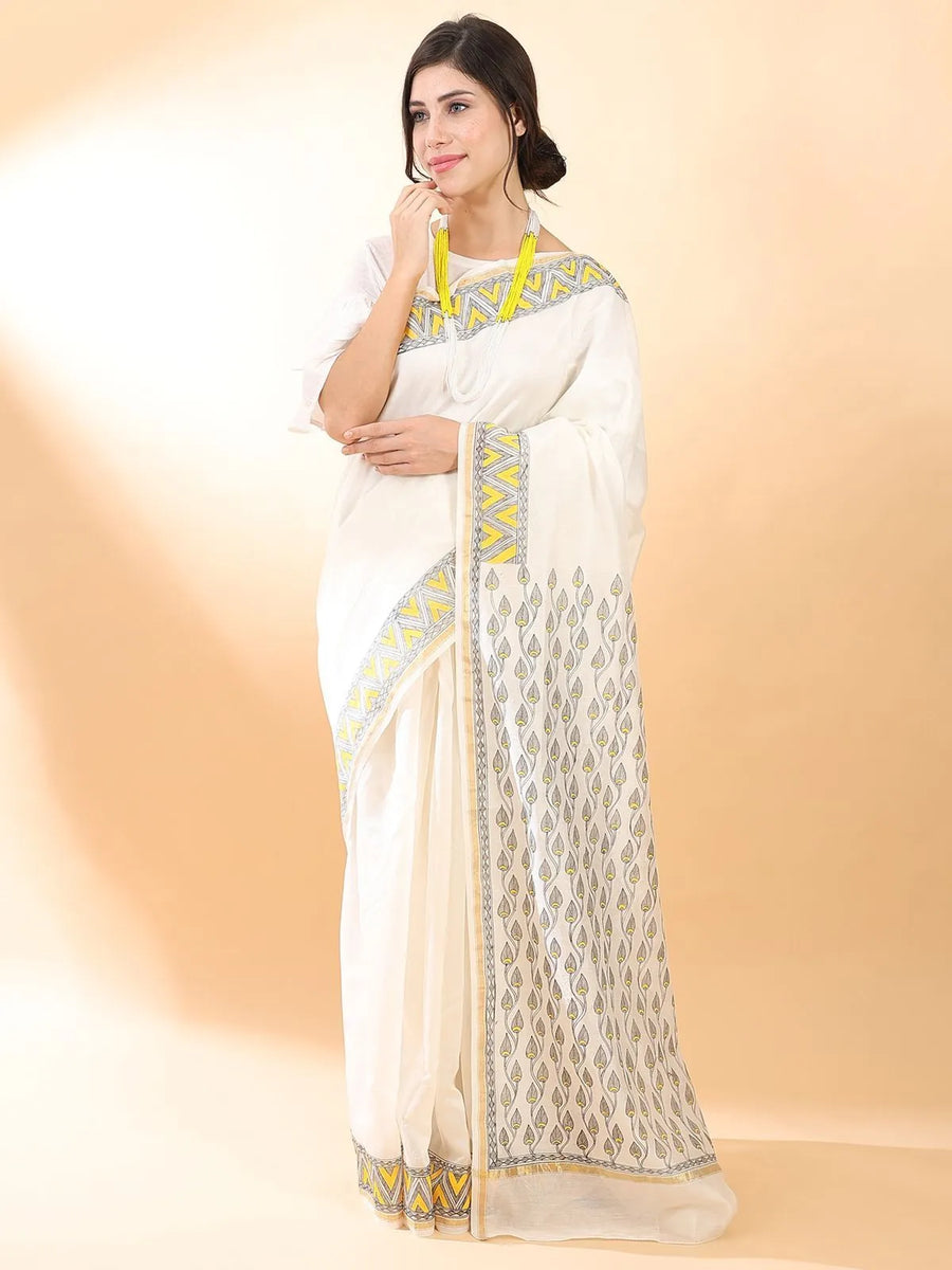 Off-White Madhubani Silk Saree