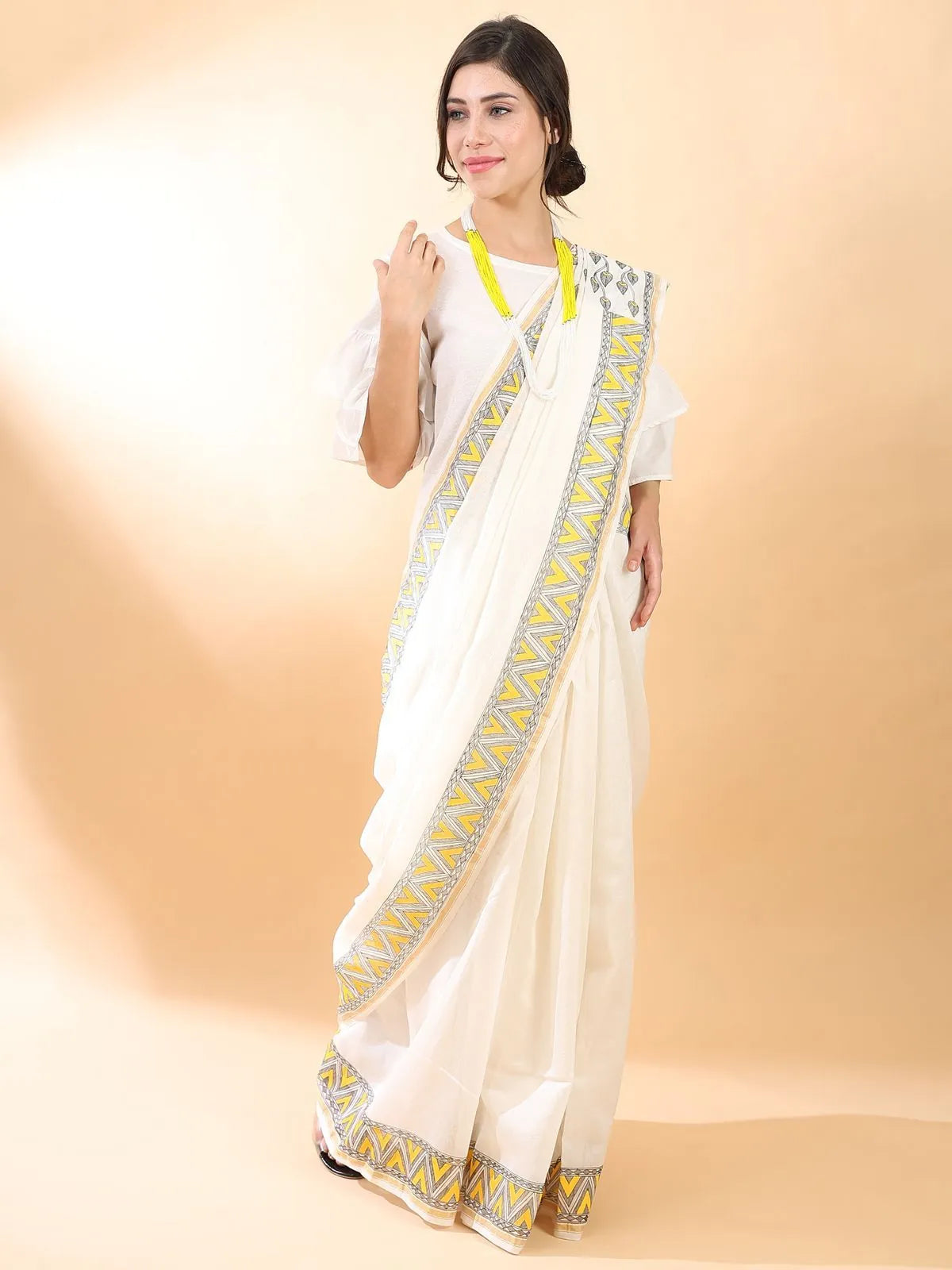 Off-White Madhubani Silk Saree