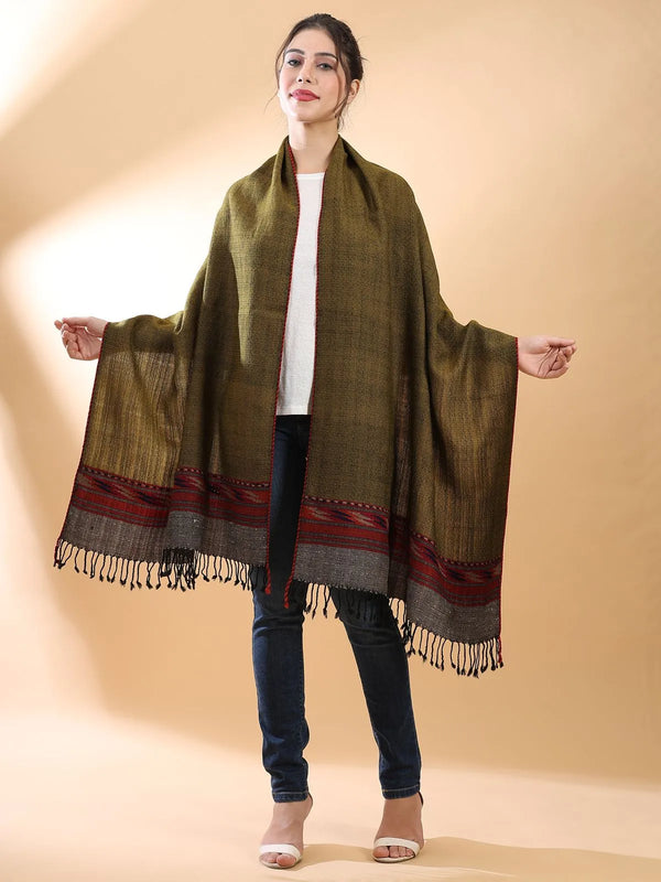 Olive green handwoven Himachali shawl with Kullu patti geometric border, full spread view
