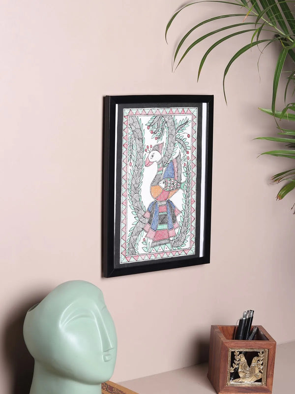 Peacock Madhubani painting in Bharni style with layered colours on handmade paper