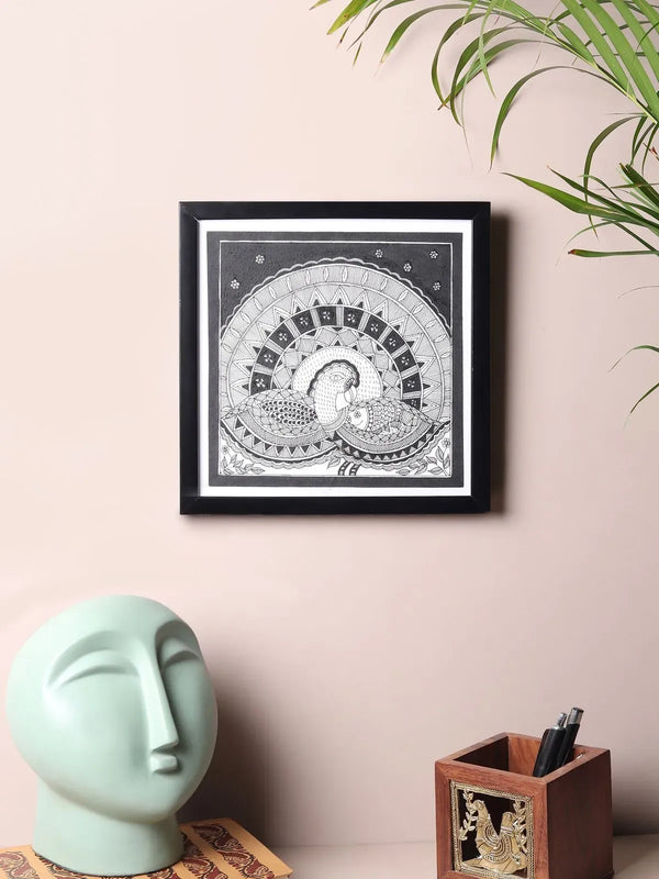Peacock mandala Madhubani painting, hand-painted on paper with double-line work and dense pattern fill