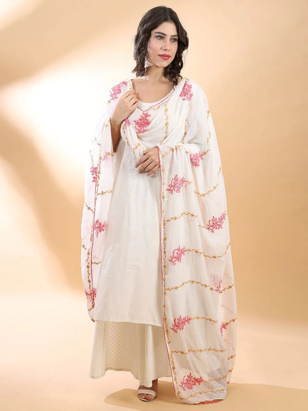 Pink-beige chikankari dupatta with white floral hand embroidery on pastel cotton from Lucknow