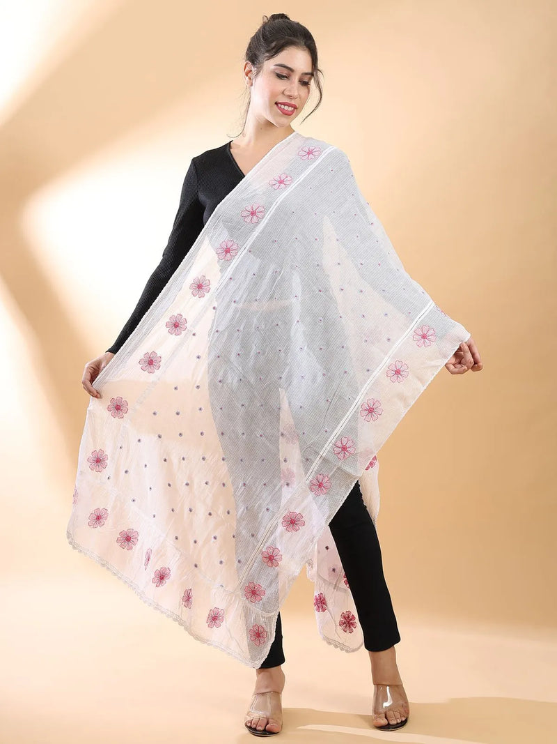 Pink Floral Chikankari Stole