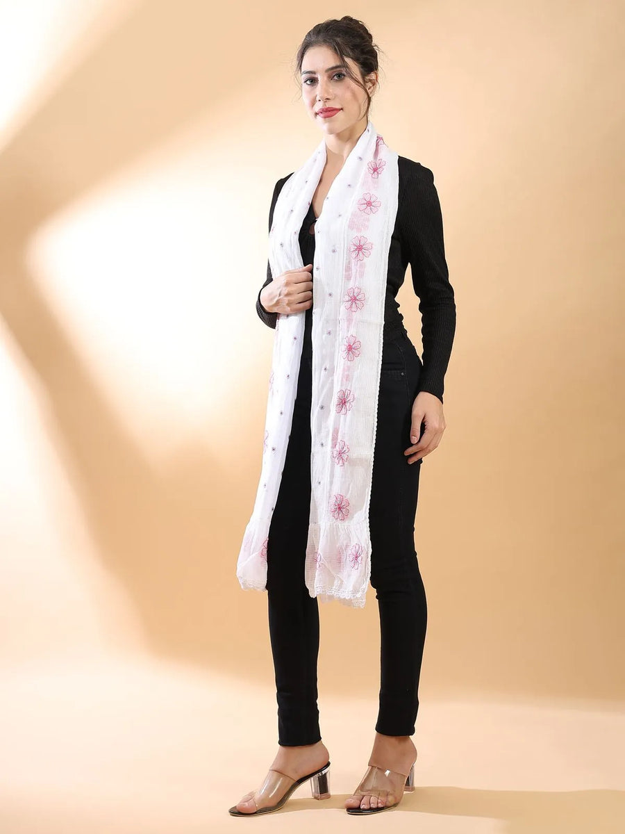 Pink Floral Chikankari Stole