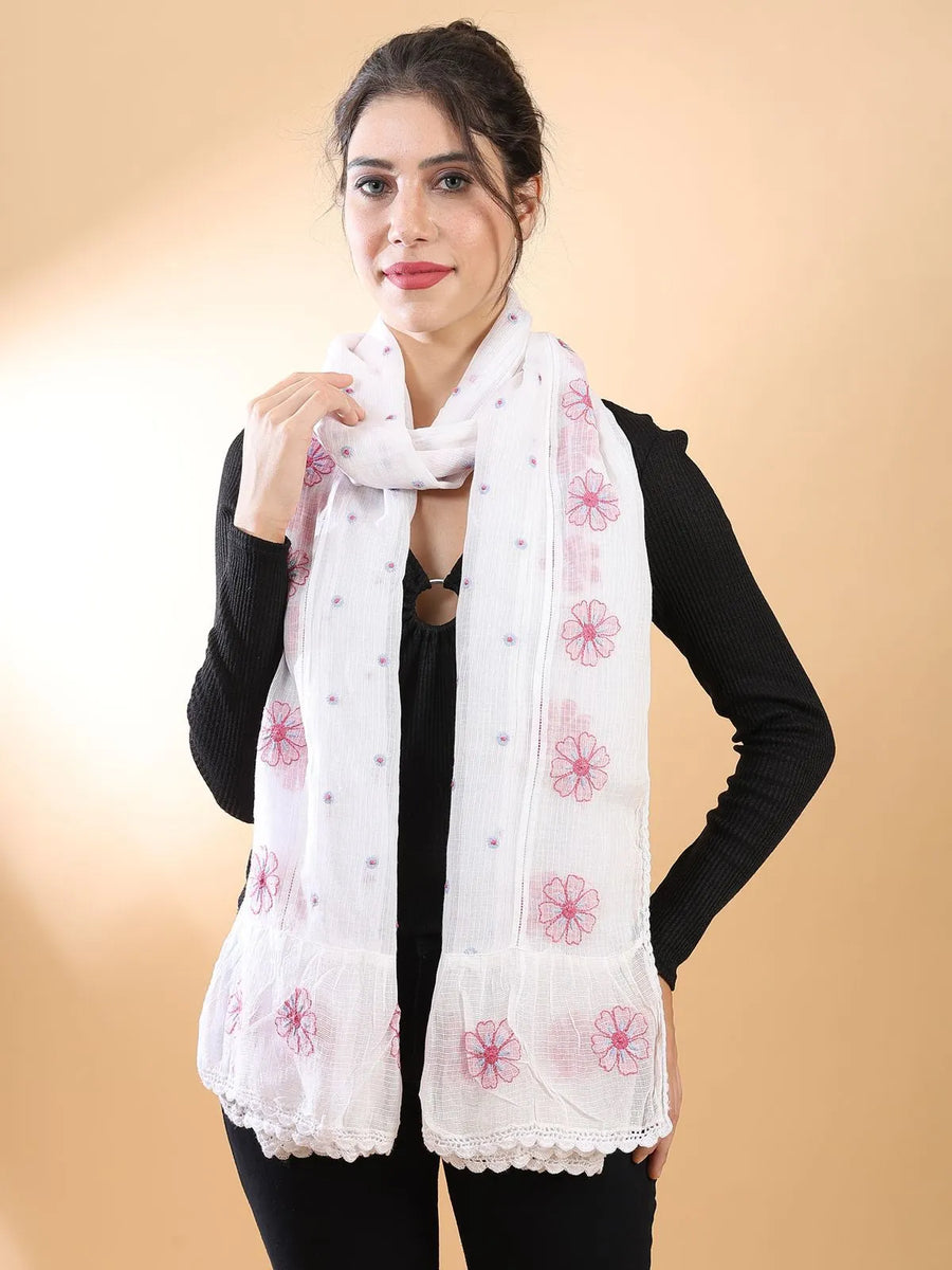 Pink Floral Chikankari Stole