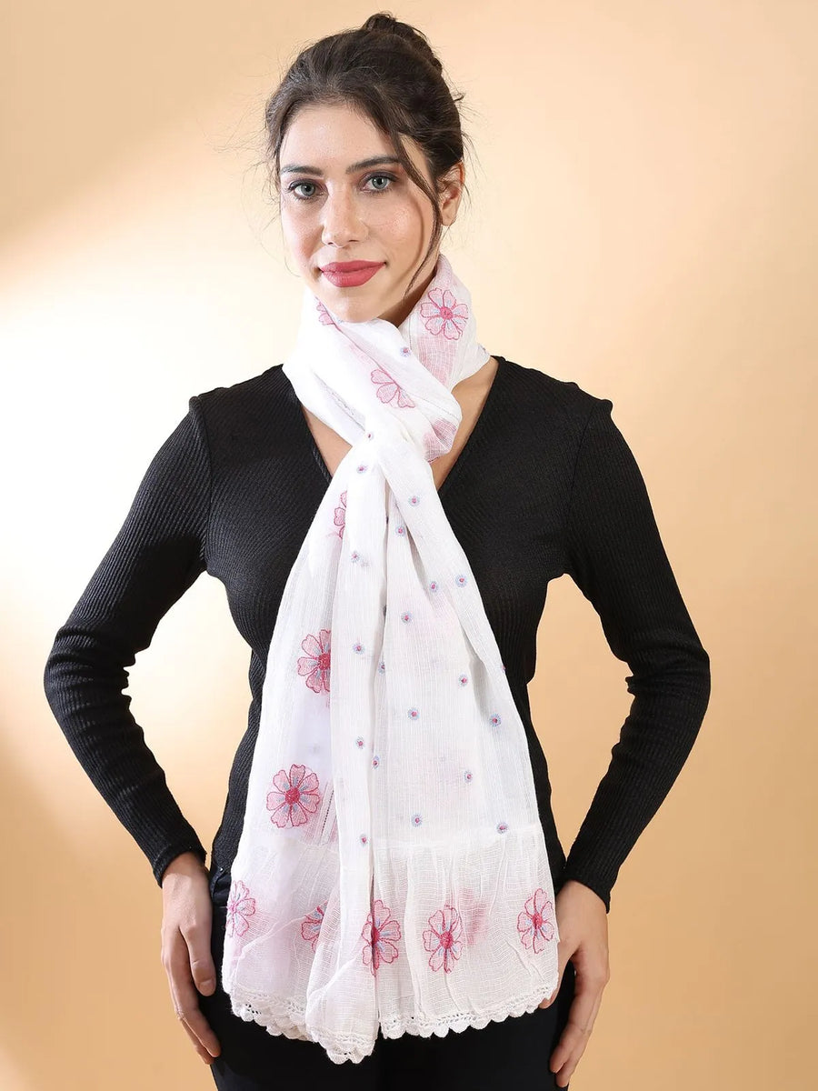 Pink Floral Chikankari Stole