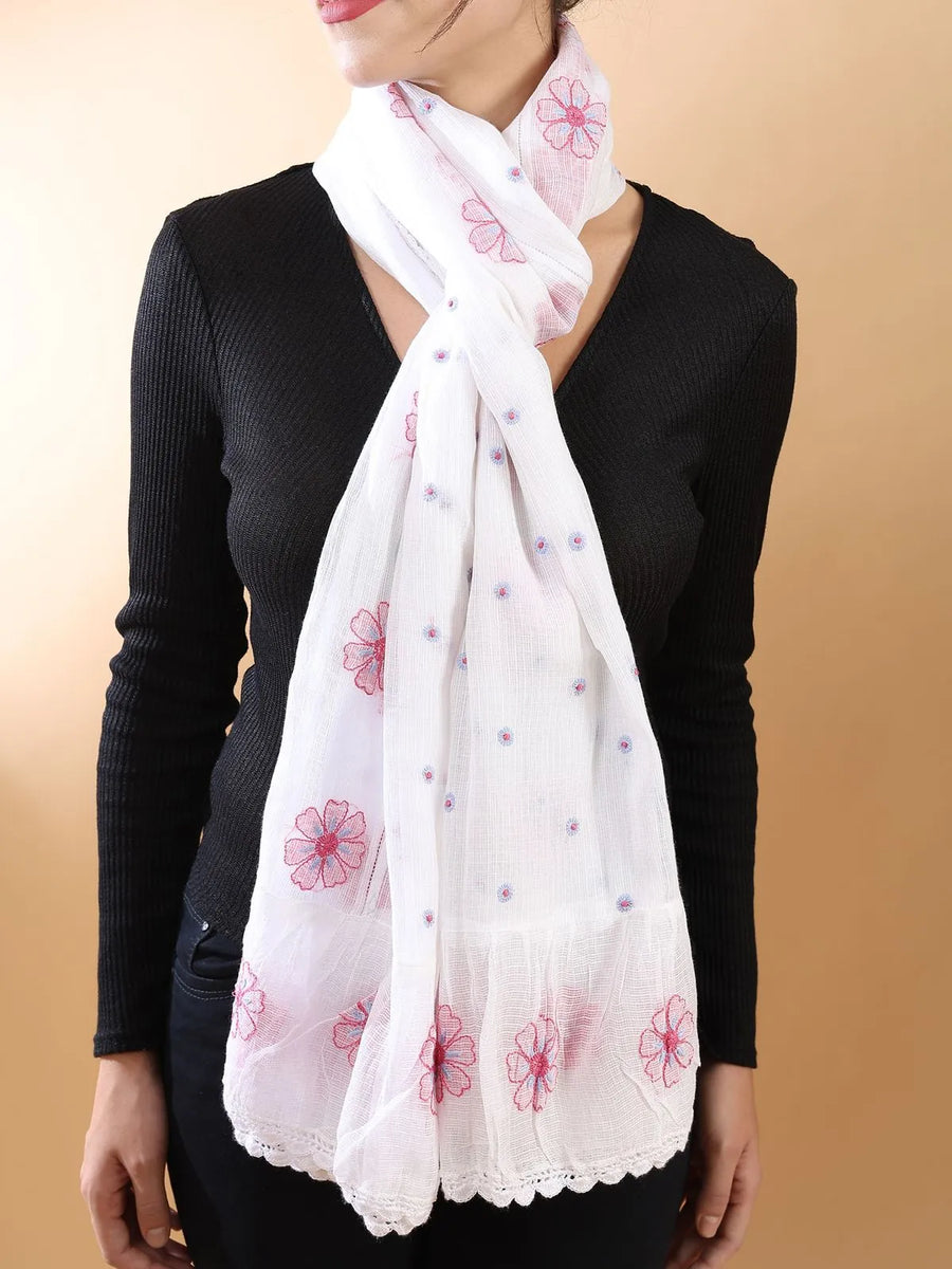 Pink Floral Chikankari Stole