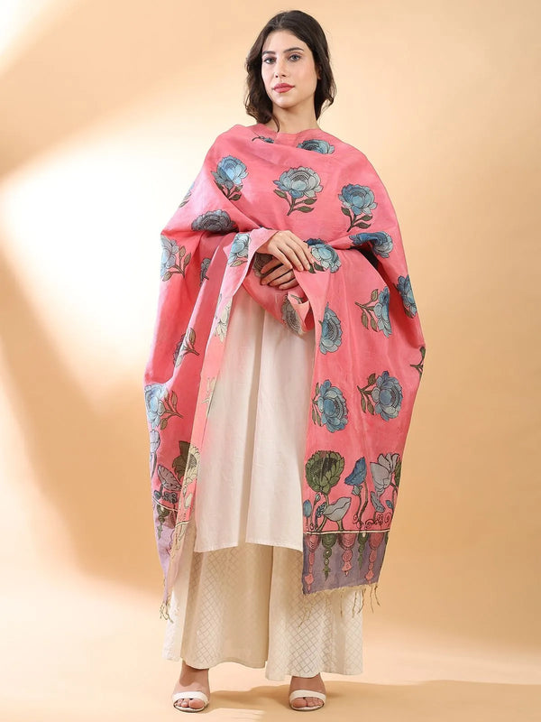 Pink Kalamkari dupatta with block-printed floral motifs on cotton fabric by Studio Moya