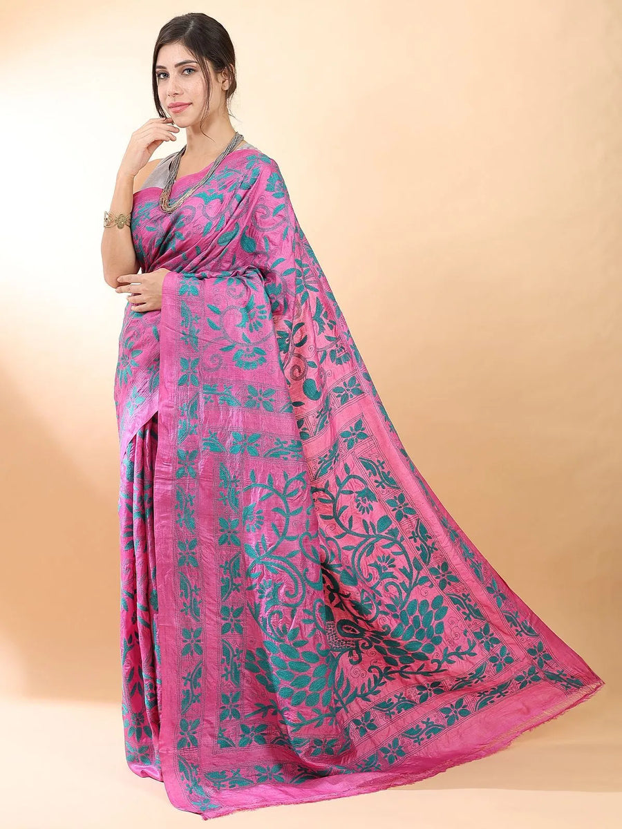 Pink Kantha Silk Saree