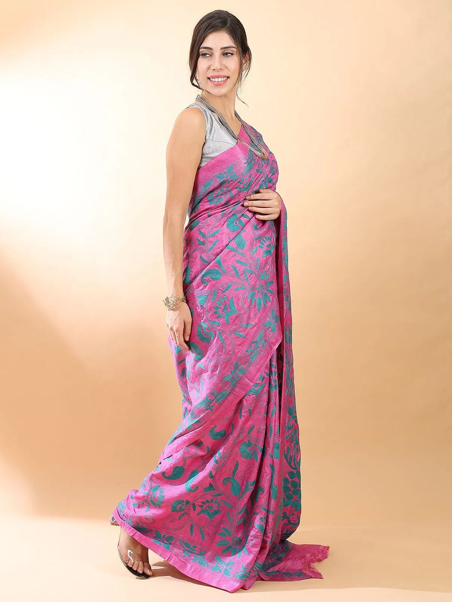 Pink Kantha Silk Saree