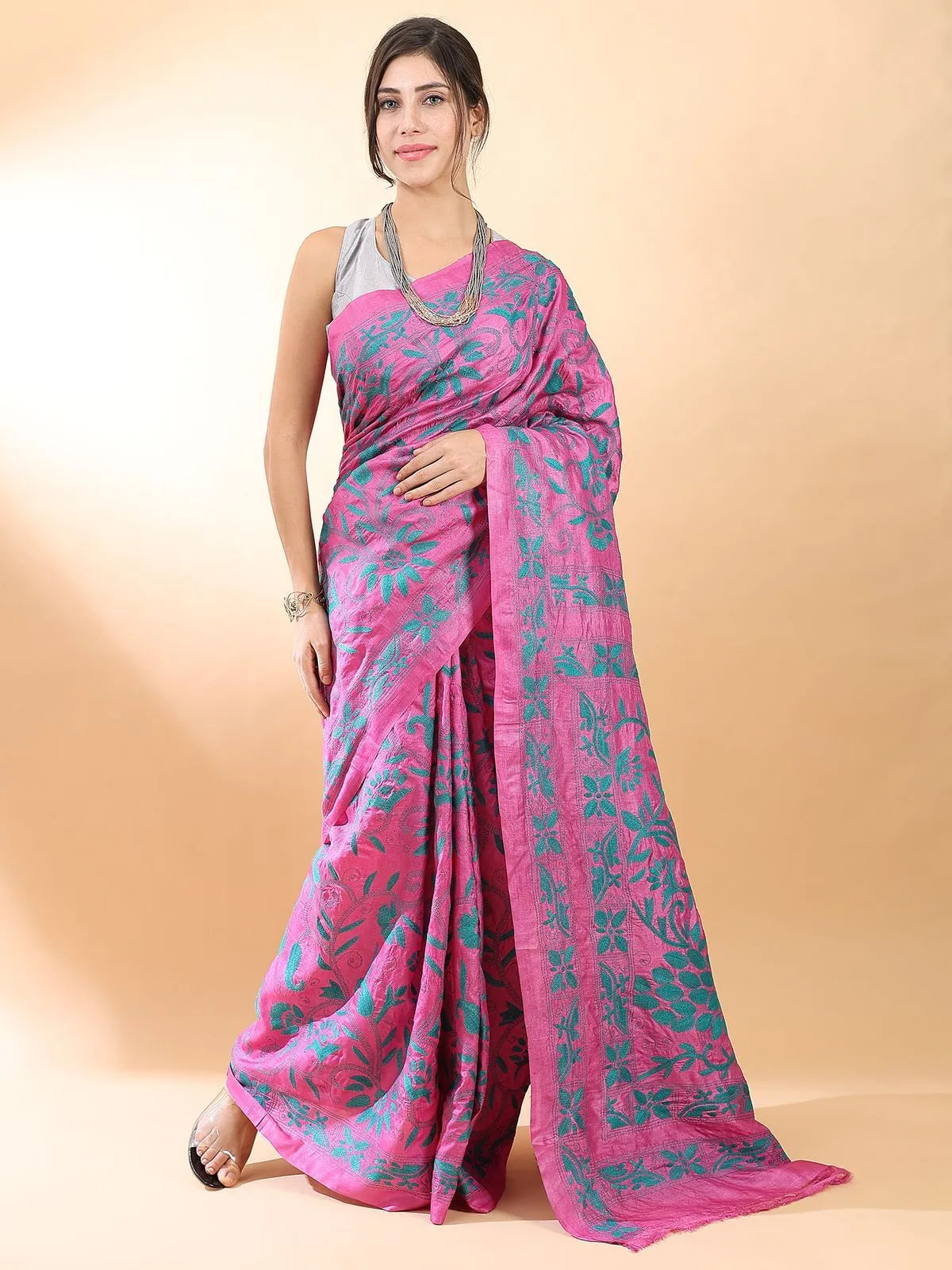 Pink Kantha Silk Saree