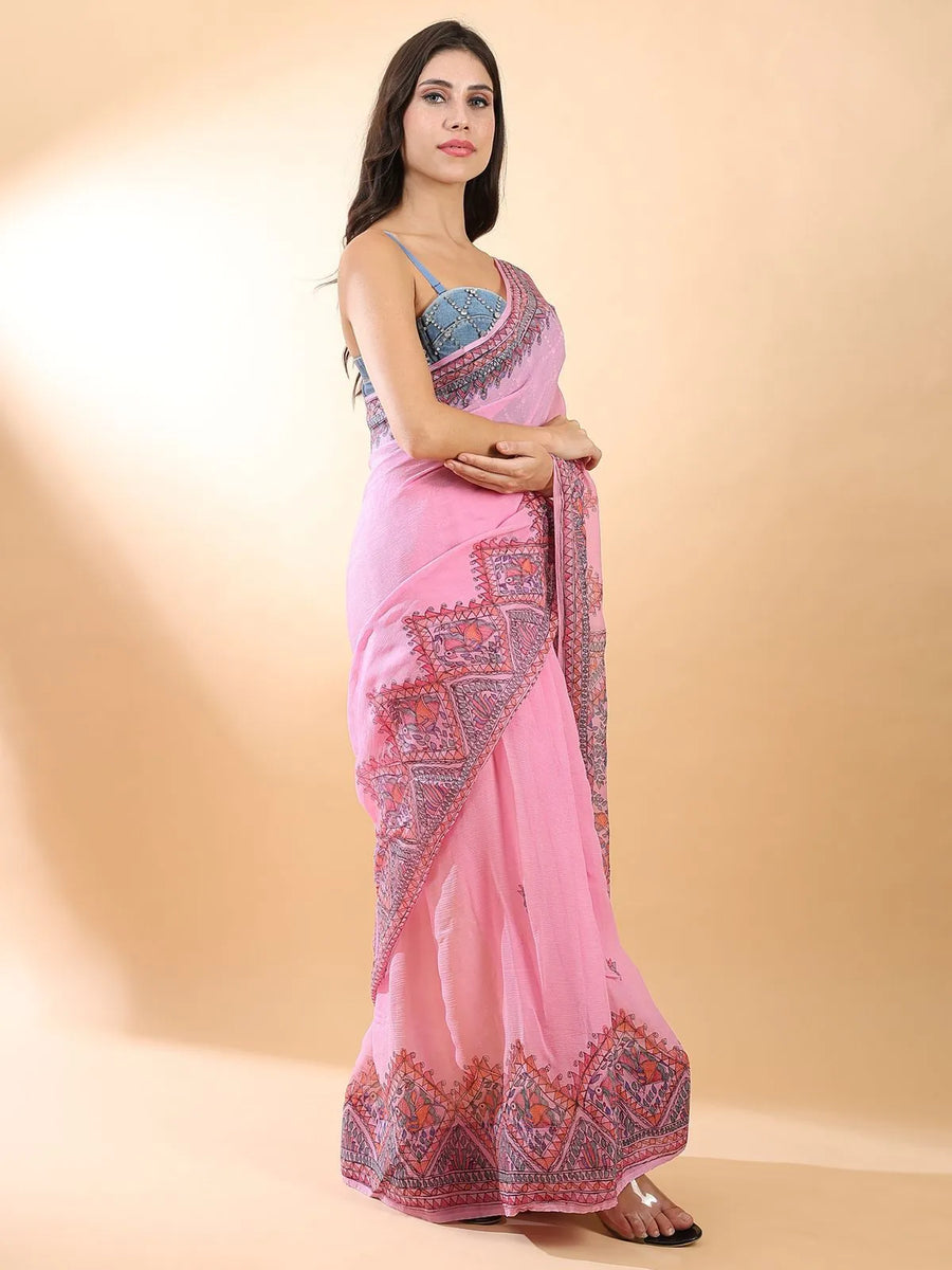 Pink Madhubani Chiffon Saree