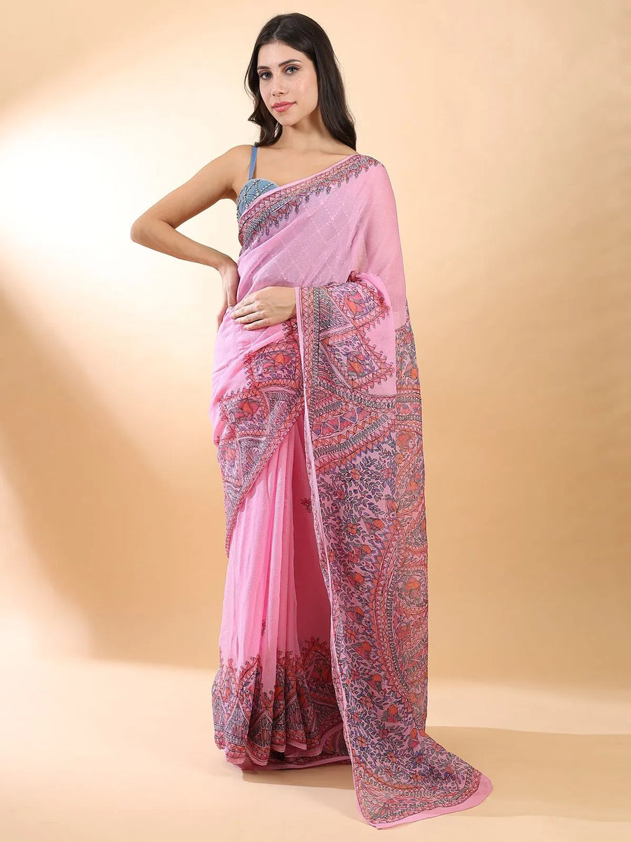 Pink Madhubani Chiffon Saree
