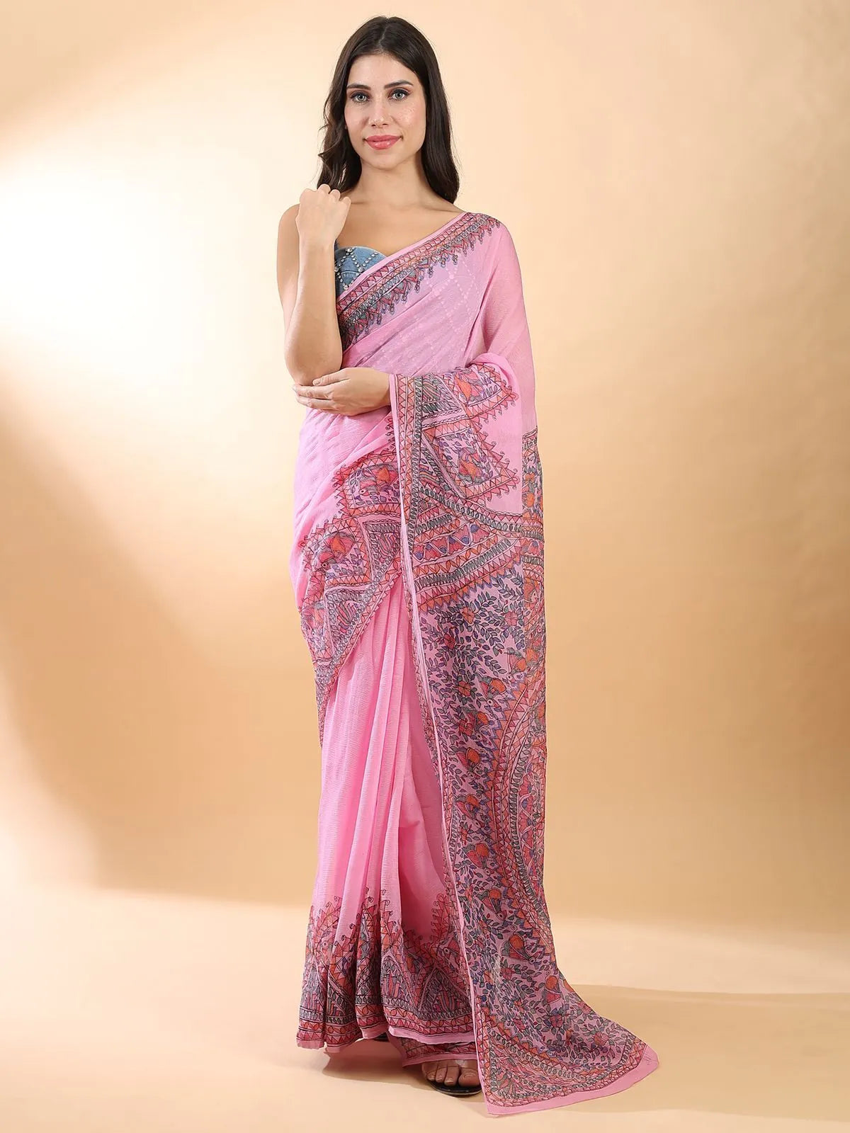 Pink Madhubani Chiffon Saree