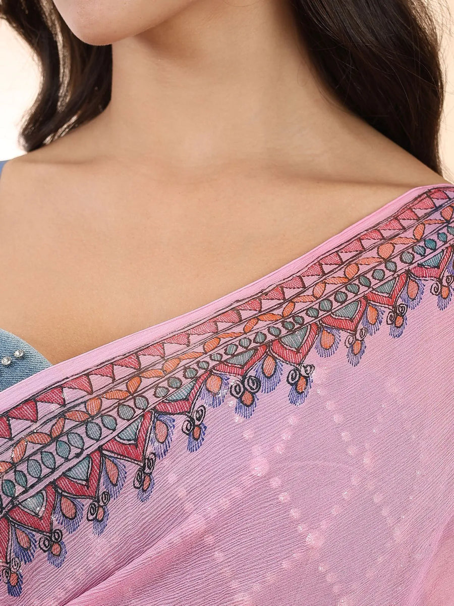 Pink Madhubani Chiffon Saree