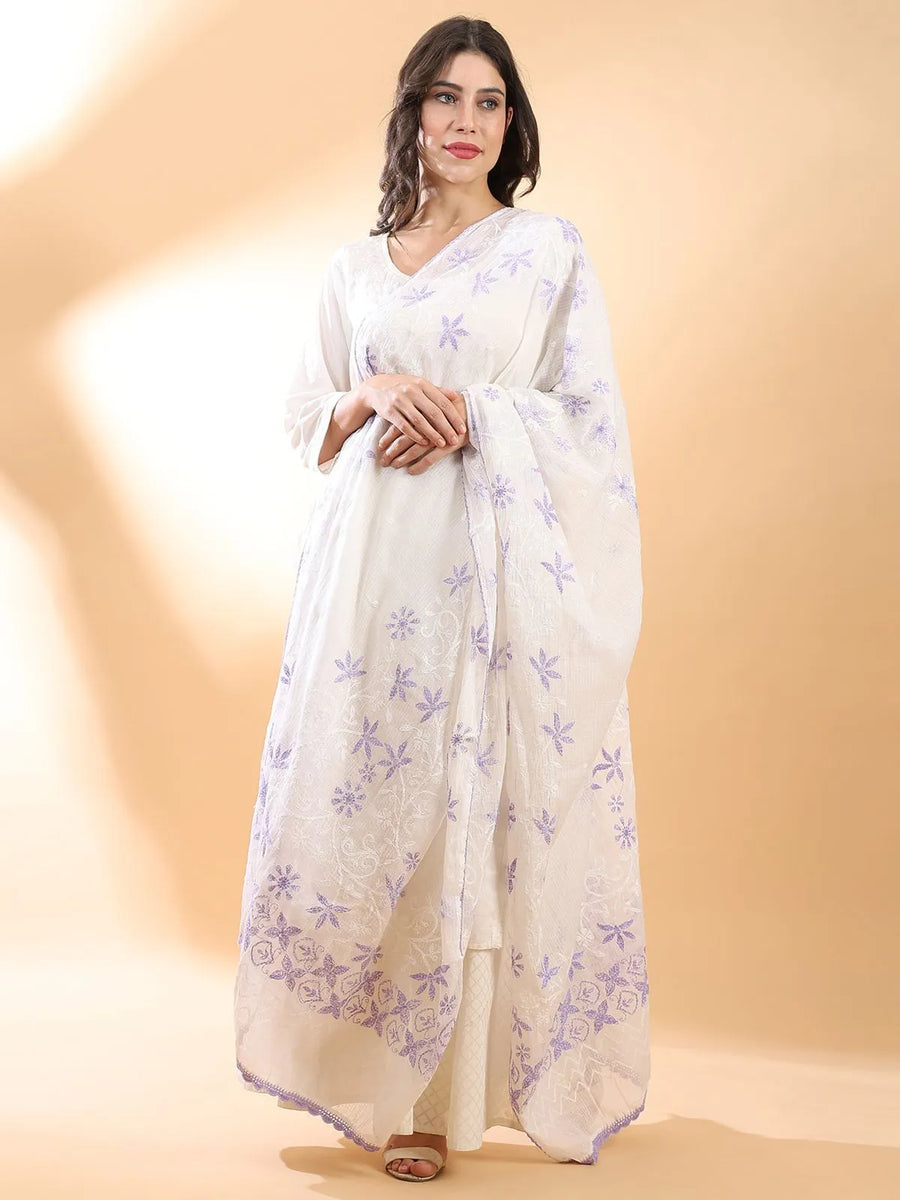 Purple Floral Chikankari Dupatta