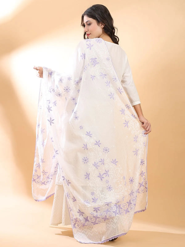 Off-white chikankari dupatta with purple floral hand embroidery and crochet border, draped full length