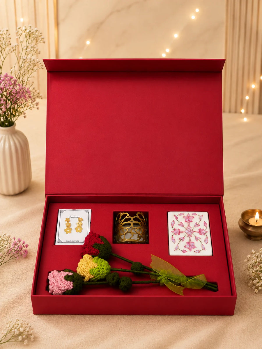 Rakhi Hamper for Her open gift box with gold filigree earrings, brass jali cuff, marble inlay box and crochet flowers - My E-Haat by HCL Foundation