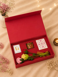 Rakhi Hamper for Her contents laid out with gold earrings, pierced brass cuff and hand painted marble trinket box - My E-Haat by HCL Foundation