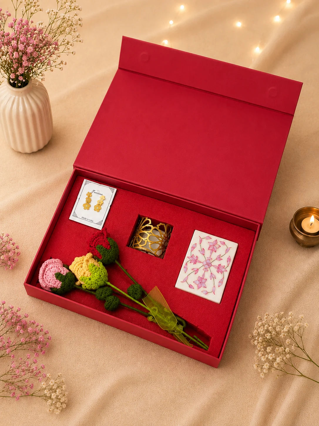 Rakhi Hamper for Her featured image with branded red gift box, hand painted marble box, filigree earrings and crochet flowers - My E-Haat by HCL Foundation