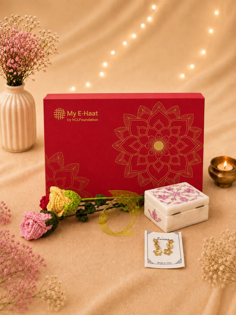 Rakhi Hamper for Her featured image with branded red gift box, hand painted marble box, filigree earrings and crochet flowers - My E-Haat by HCL Foundation