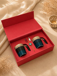 Rakhi Hamper for Him open gift box showing two glazed stoneware mugs, beaded rakhi and roli chawal vials - My E-Haat by HCL Foundation