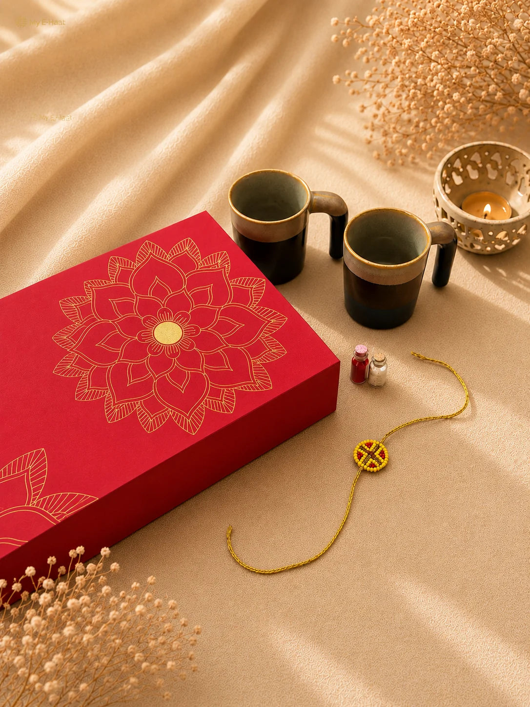 Rakhi Hamper for Him featured image with branded red gift box, two handcrafted ceramic mugs and rakhi - My E-Haat by HCL Foundation