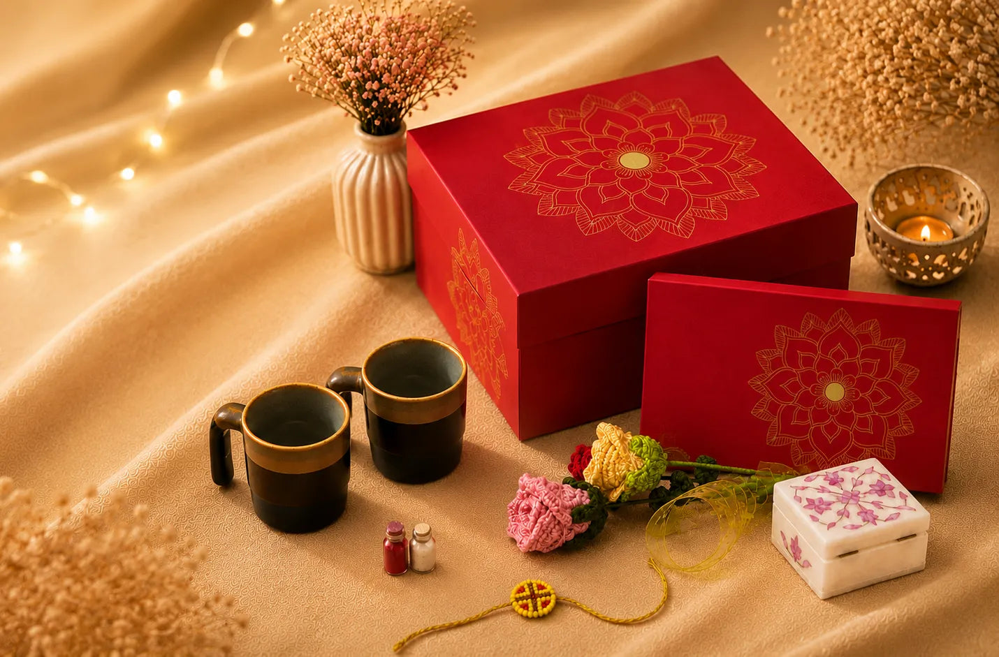 Rakhi hampers hero banner with two red mandala gift boxes, ceramic mugs, beaded rakhi, crochet roses and marble jewellery box - My E-Haat by HCL Foundation