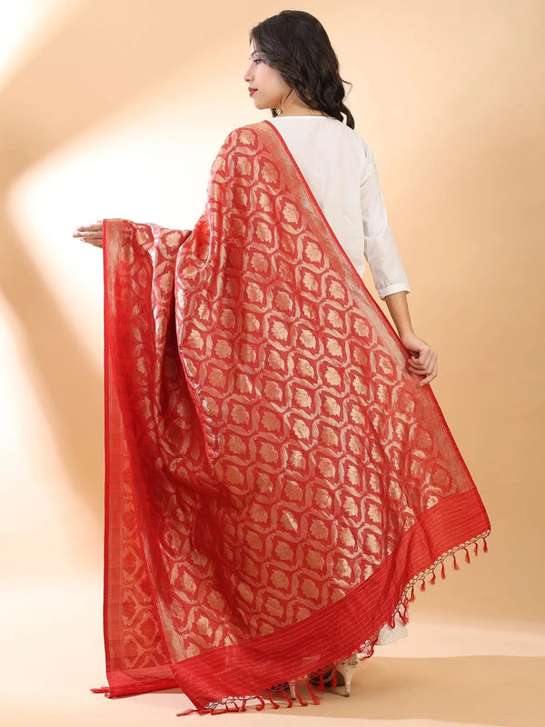 Red Banarasi dupatta woven in Varanasi, shown full length to display the border and end panels