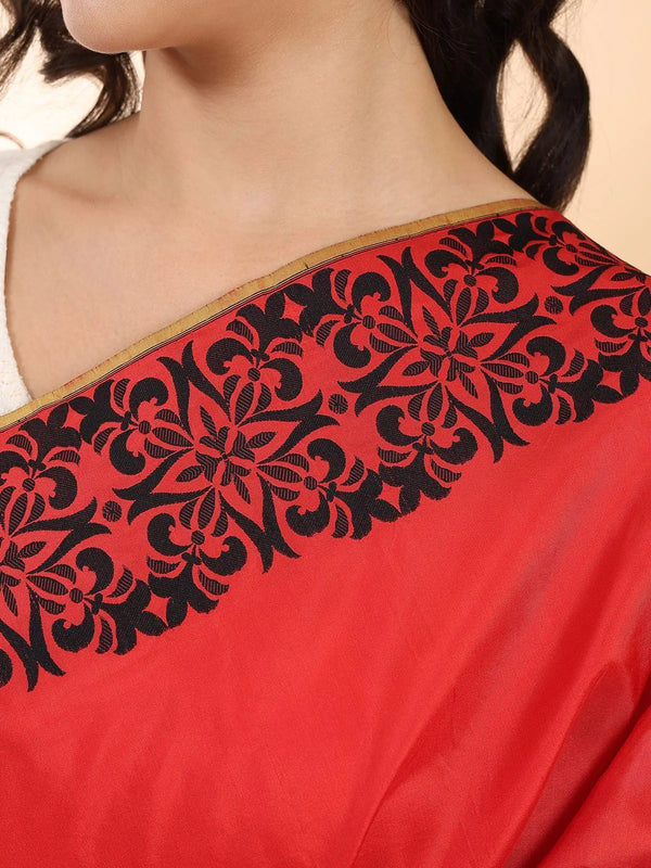 Red Banarasi dupatta with gold zari motifs woven across the full surface on handloom