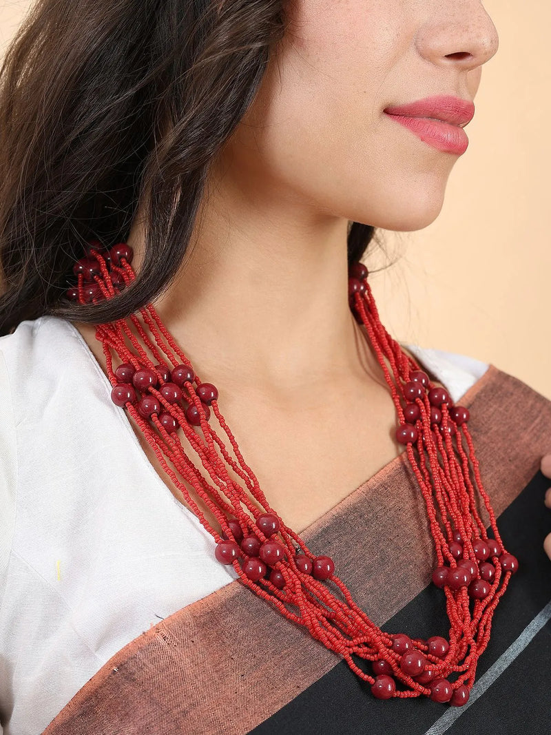 Red pearl and bead Layer Necklace