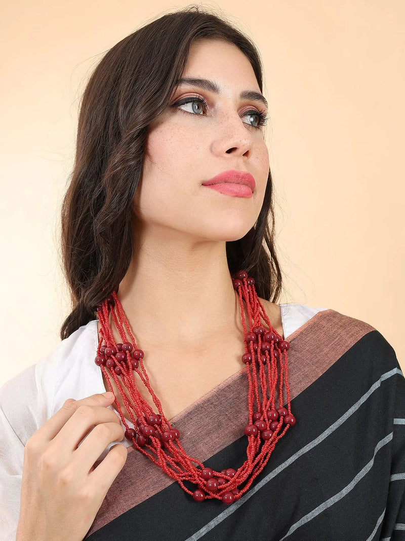 Red pearl and bead Layer Necklace