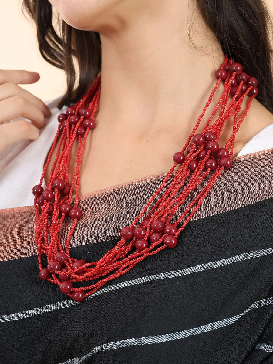 Red pearl and bead Layer Necklace