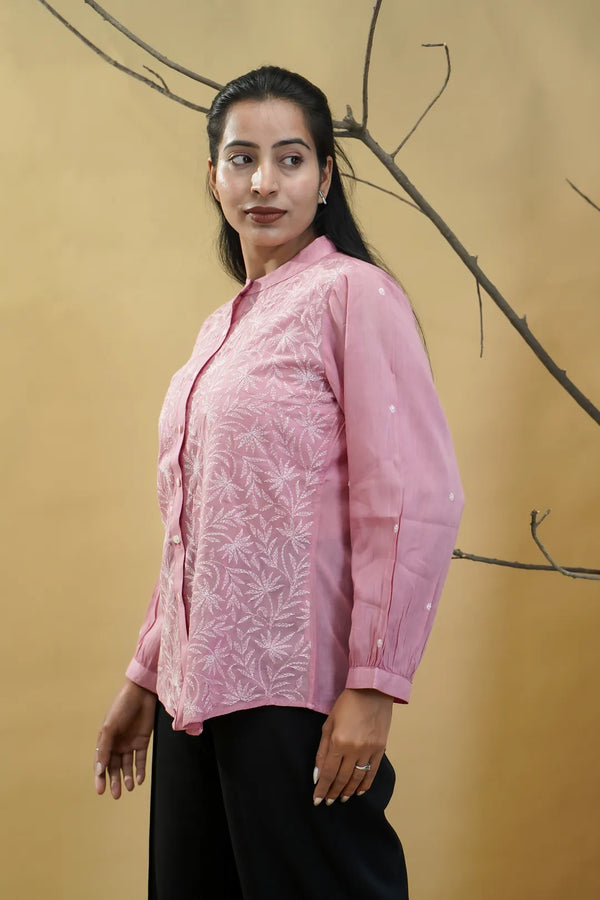 Pink Chikankari shirt-style top with collar and button-down front