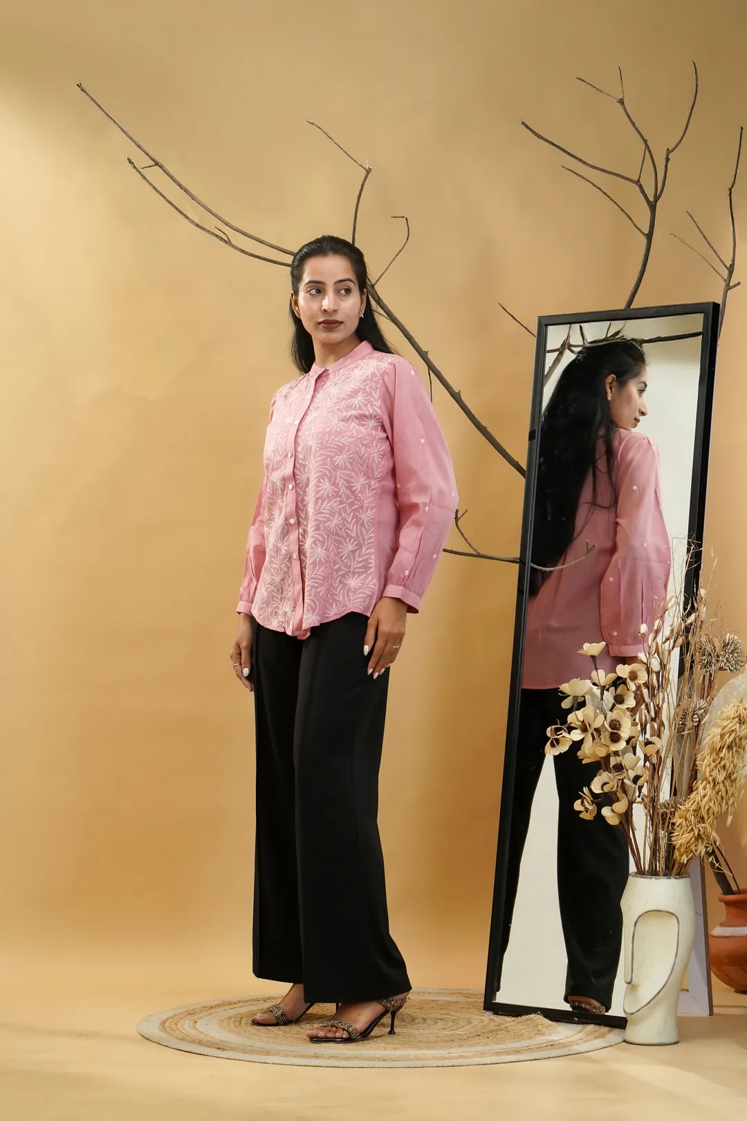 Elegant Pink Chikankari Shirt-Style Top - view 1