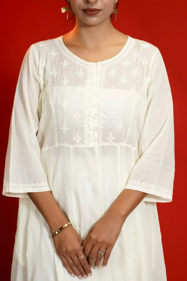 White Chikankari Anarkali kurta with hand-embroidered floral buti, front view