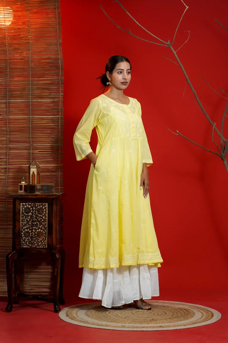 Yellow Chikankari Anarkali Kurta