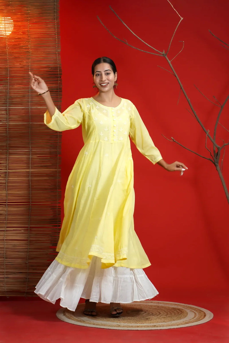 Yellow Chikankari Anarkali Kurta