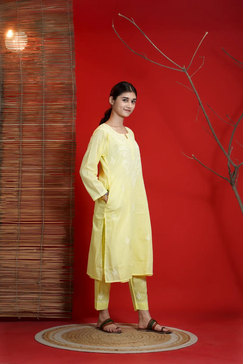 Yellow Chikankari A-Line Kurta Pant Set