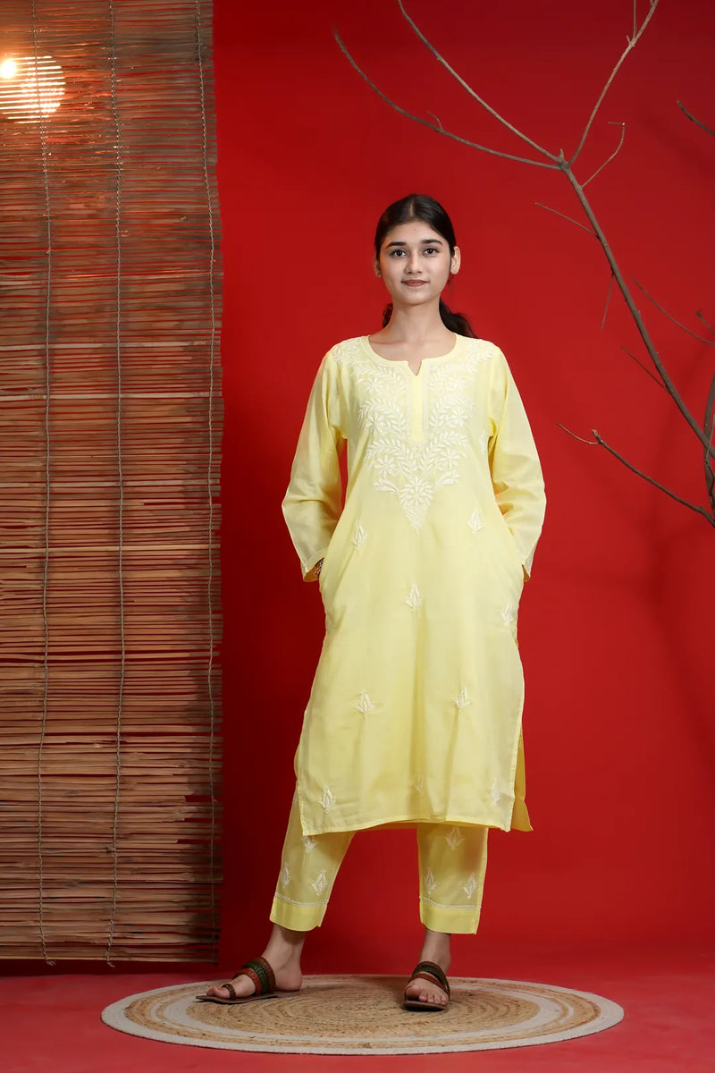 Yellow Chikankari A-Line Kurta Pant Set