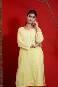 Yellow Chikankari A-Line Kurta Pant Set