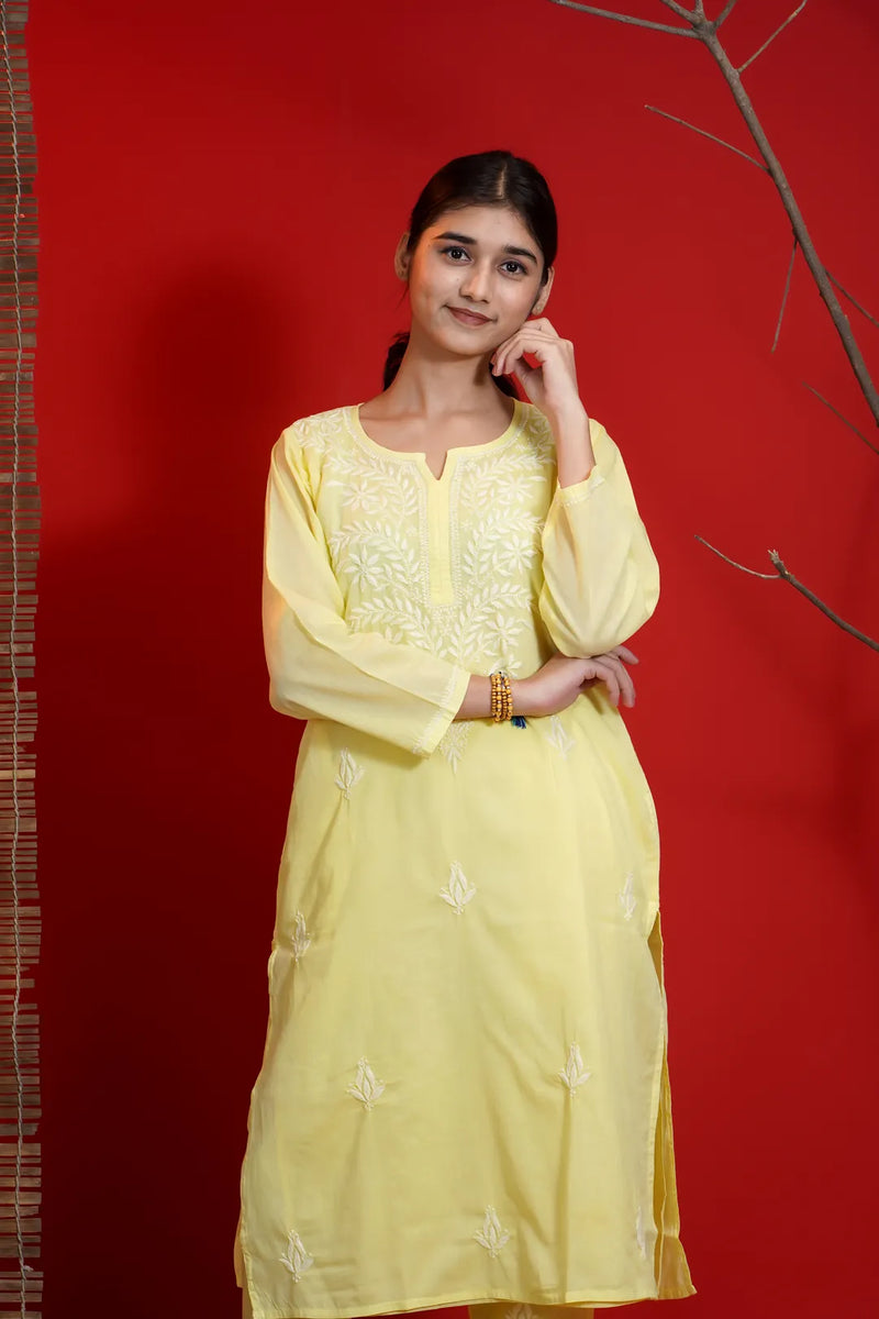 Yellow Chikankari A-Line Kurta Pant Set