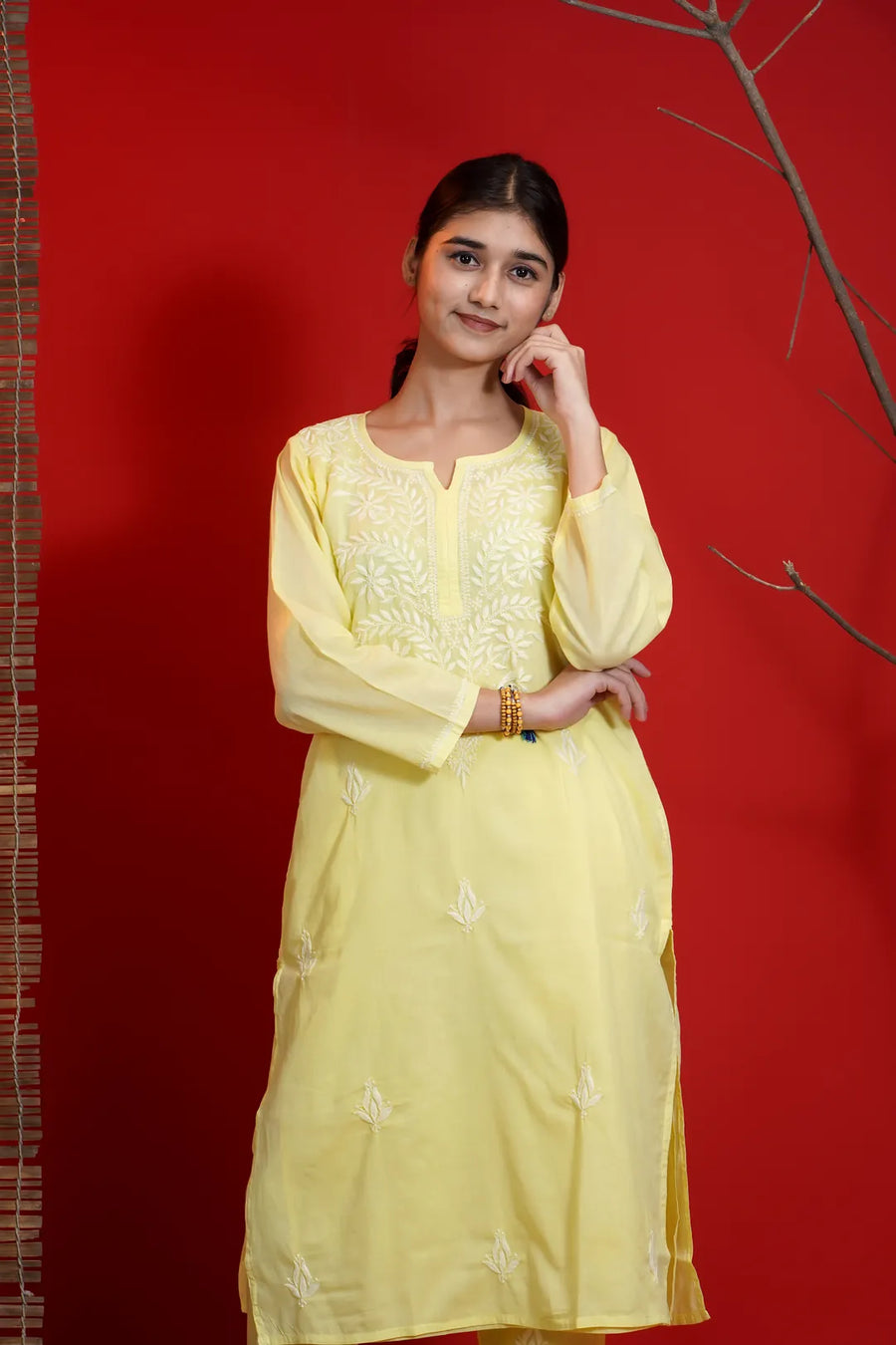 Yellow Chikankari A-Line Kurta Pant Set - view 4