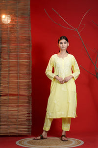 Yellow Chikankari A-Line Kurta Pant Set