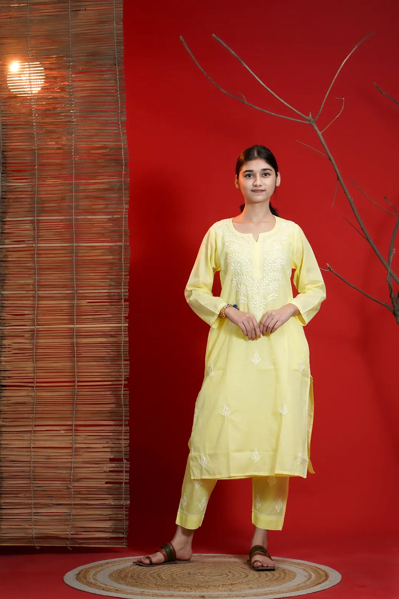 Yellow Chikankari A-Line Kurta Pant Set